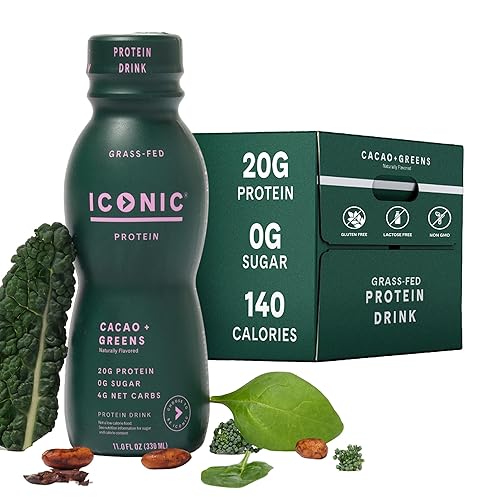 ICONIC Protein Shake, Cacao + Greens (12 Pack) - 20g Grass-Fed Protein Drink - Low Carb, Sugar Free, Keto Friendly - Lactose Free, High Protein Snack