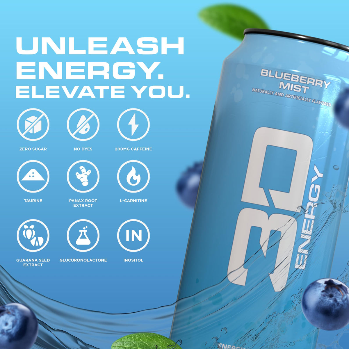 3D Sugar Free Energy Drink, Blueberry Mist, 16oz Cans, 12 Pack