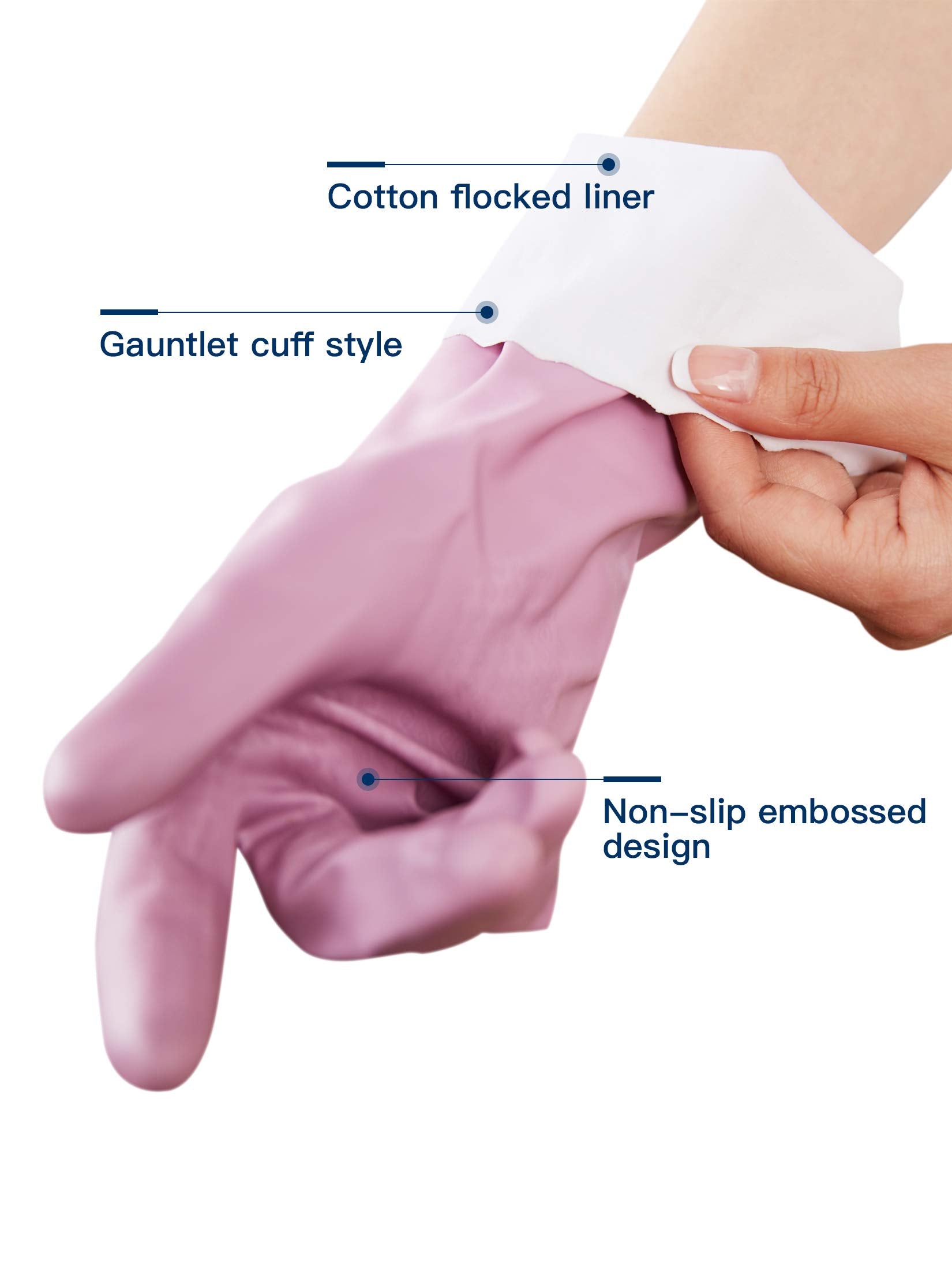LANON 3 Pairs wahoo Skin-Friendly Cleaning Gloves, Dishwashing Kitchen Gloves with Cotton Flocked Liner, Reusable, Non-Slip, Mauve Mist, Large