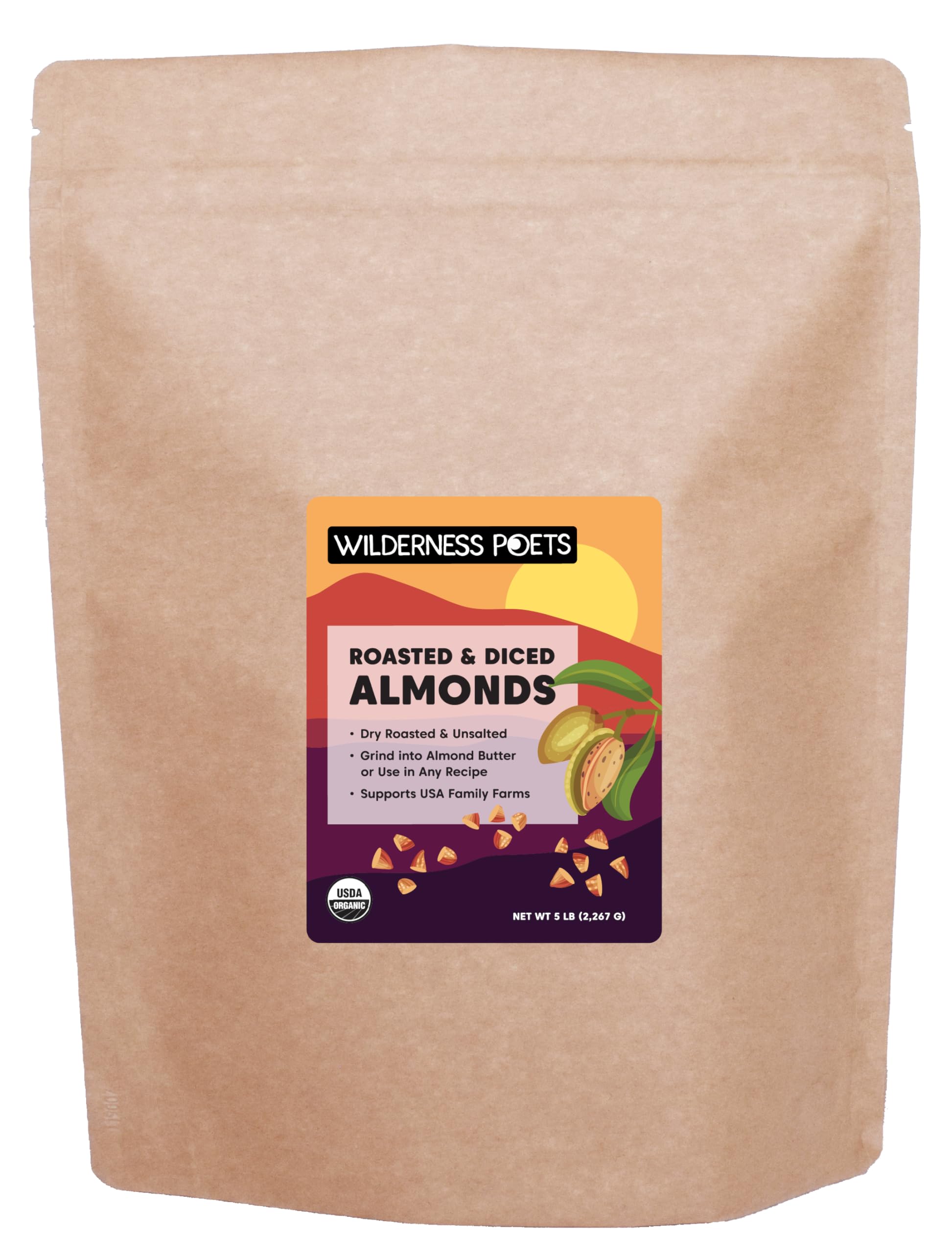 Wilderness Poets, Organic Roasted Bulk Almond Butter Stock, California-Grown, Dry Roasted and Diced - Use in Baking, Sprinkle on Salads, Deep Nutty