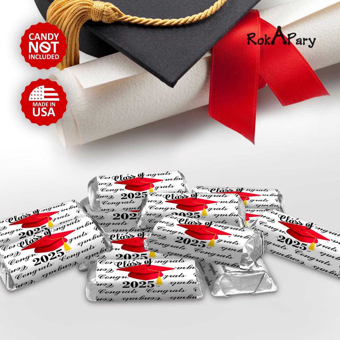 RokAPary 60 Graduation Cap Party Class of 2026 Miniatures Candy Bar Wrapper, (Set of 60) Mini Candy Chocolate Bar Stickers, Labels, Candy Not