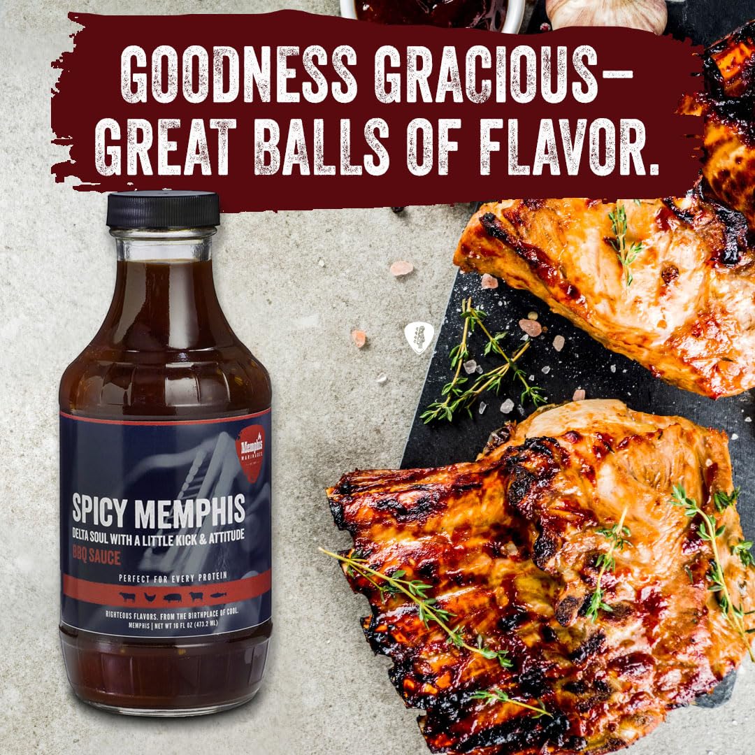 Memphis Marinades Championship Award Winner Spicy Memphis BBQ Sauce, 16oz, Premium BBQ Sauce for Pork, Chicken & Beef, Non-GMO