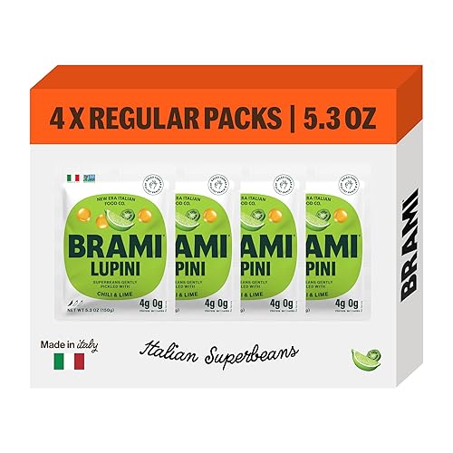 BRAMI Lupini Beans Snack, Chili & Lime | 7g Plant Protein, 0g Net Carbs | Vegan, Vegetarian, Keto, Mediterranean Diet, Non Perishable | 5.3 Ounce (4