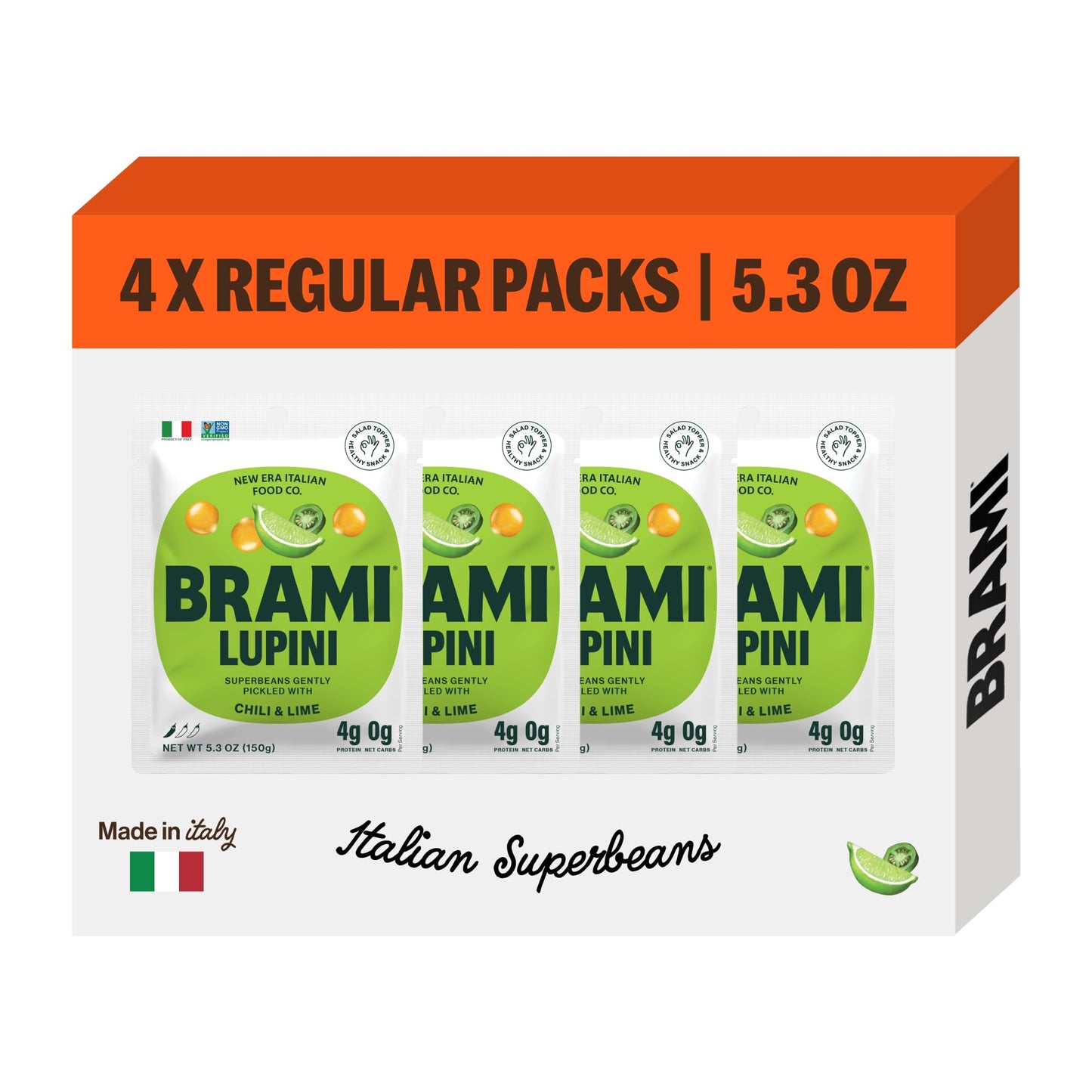 BRAMI Lupini Beans Snack, Chili & Lime | 7g Plant Protein, 0g Net Carbs | Vegan, Vegetarian, Keto, Mediterranean Diet, Non Perishable | 5.3 Ounce (4