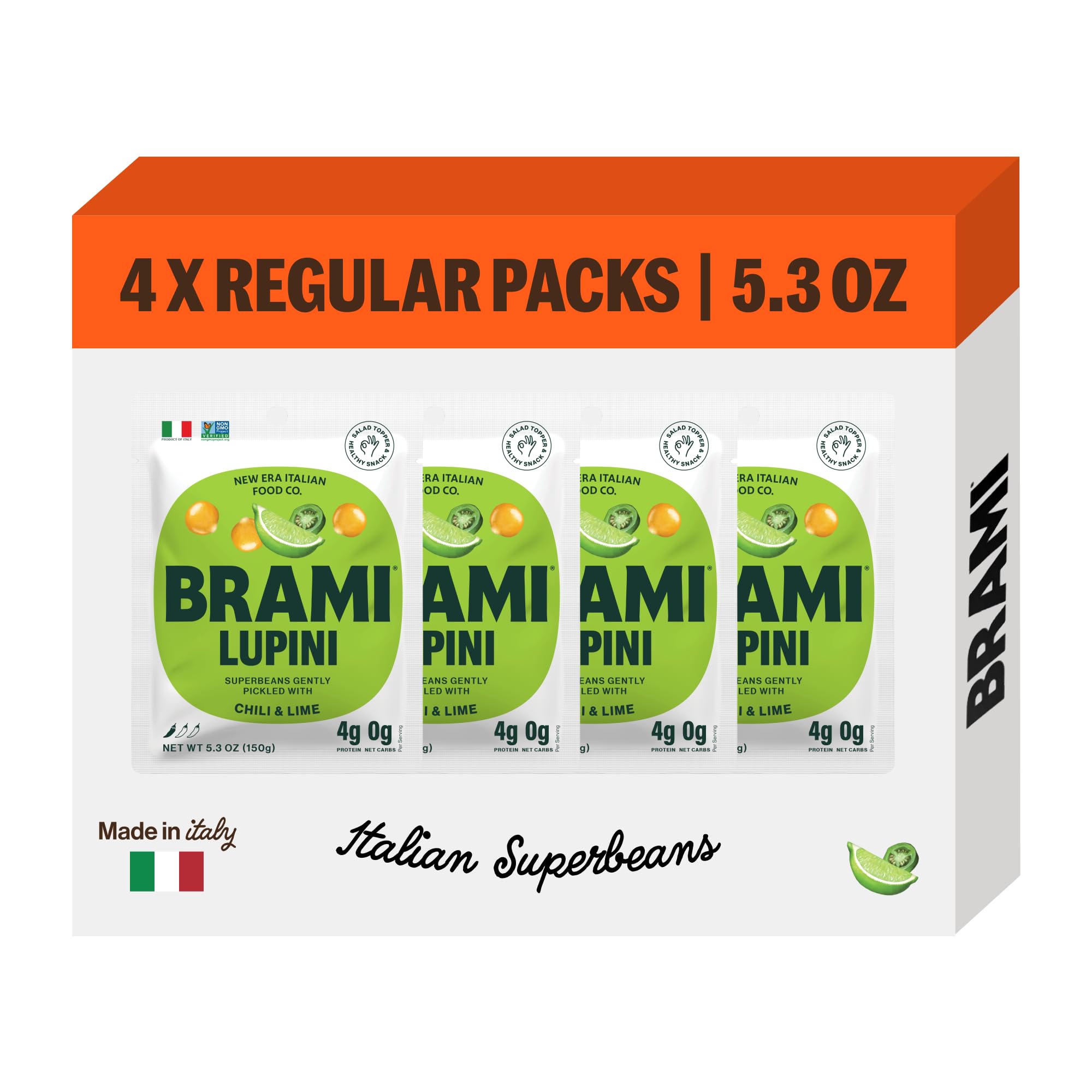 BRAMI Lupini Beans Snack, Chili & Lime | 7g Plant Protein, 0g Net Carbs | Vegan, Vegetarian, Keto, Mediterranean Diet, Non Perishable | 5.3 Ounce (4