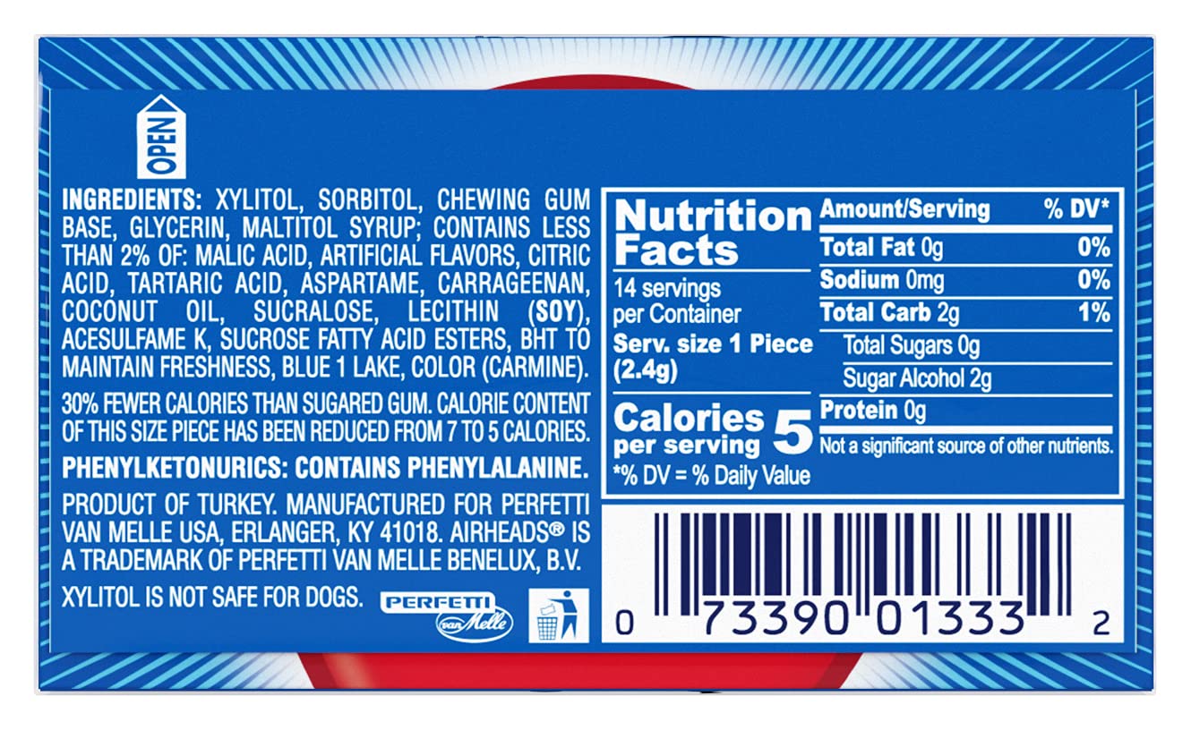 Airheads Chewing Gum, Sugar Free Gum with Micro-Candies, Blue Raspberry Flavor Artificially Flavored, 14 Sticks (12-Pack)