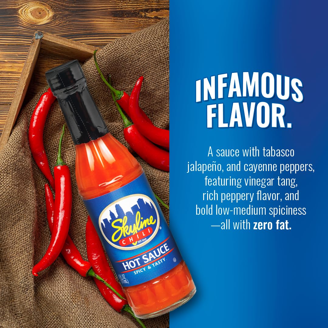 Skyline Chili Hot & Spicy Sauce - Authentic Cincinnati Restaurant-Style Secret Recipe with Tabasco, Cayenne, and Jalapeño Peppers, Gourmet Chili Sauce