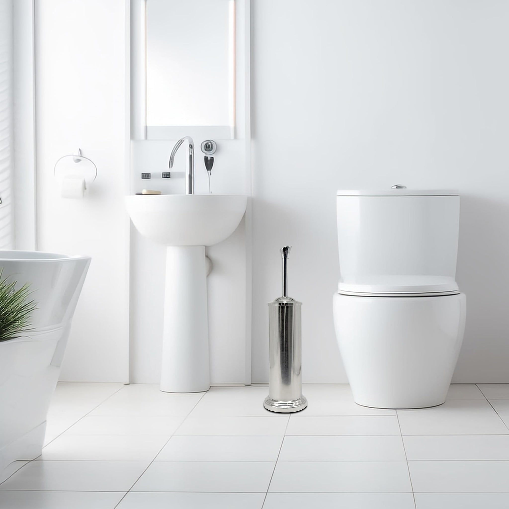 Indecor Home Stainless Steel Toilet Bowl Brush with Holder Metal Bathroom Cleaning Set Rustproof Hygienic Durable Modern Design