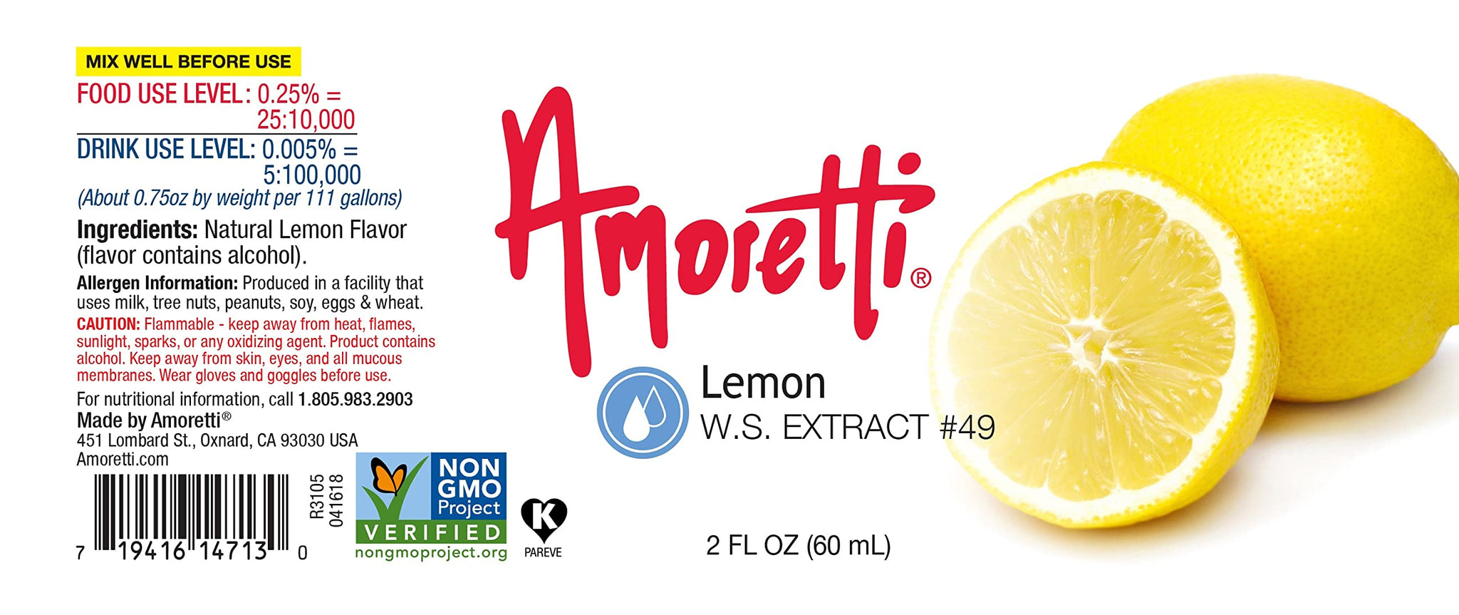 Amoretti - Lemon Extract Water Soluble 2 oz - Highly Concentrated & Perfect For Pastry, Savory, Brewing, and more, Preservative Free, Vegan, Kosher