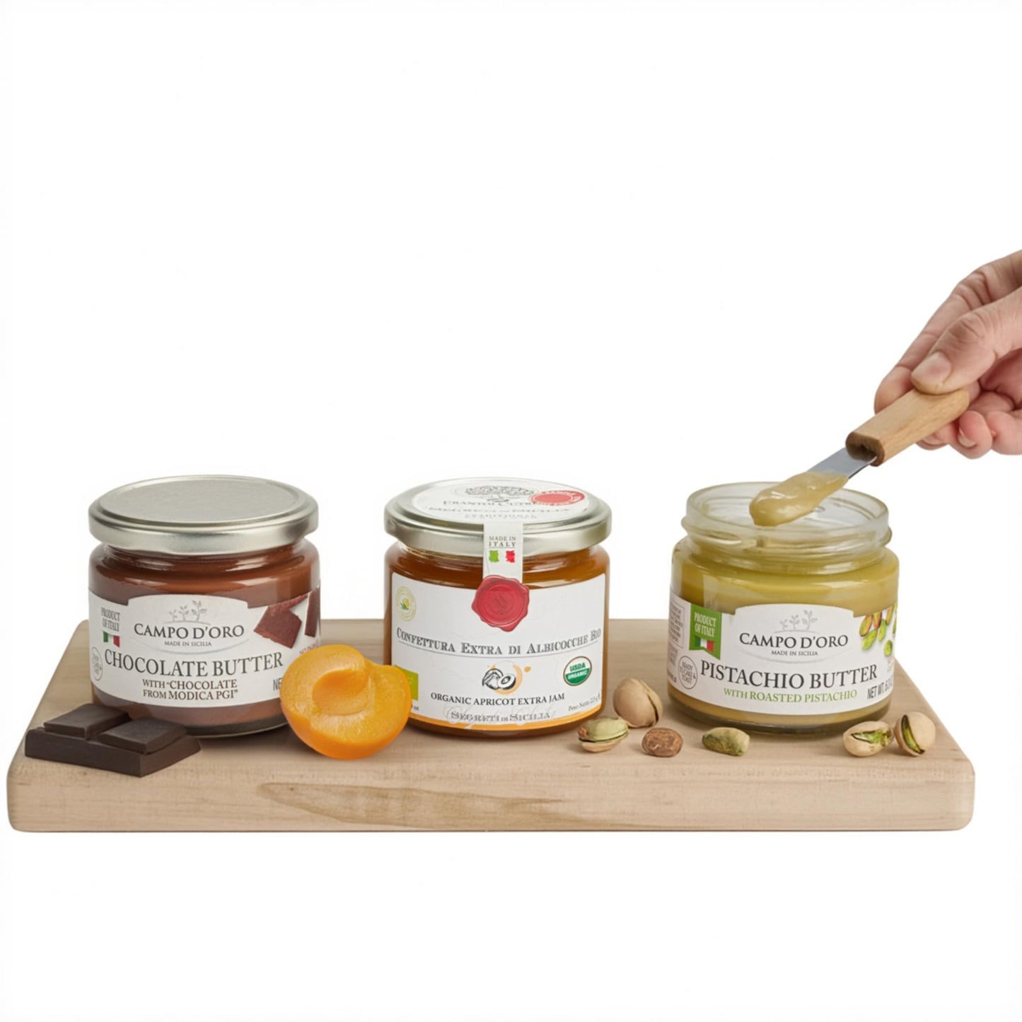 Mercato di Bellina Italian Spread & Jam Gift Set - Includes Apricot Jam, Pistachio Butter & Chocolate Spread Made in Italy, Ideal for Breakfast Gift