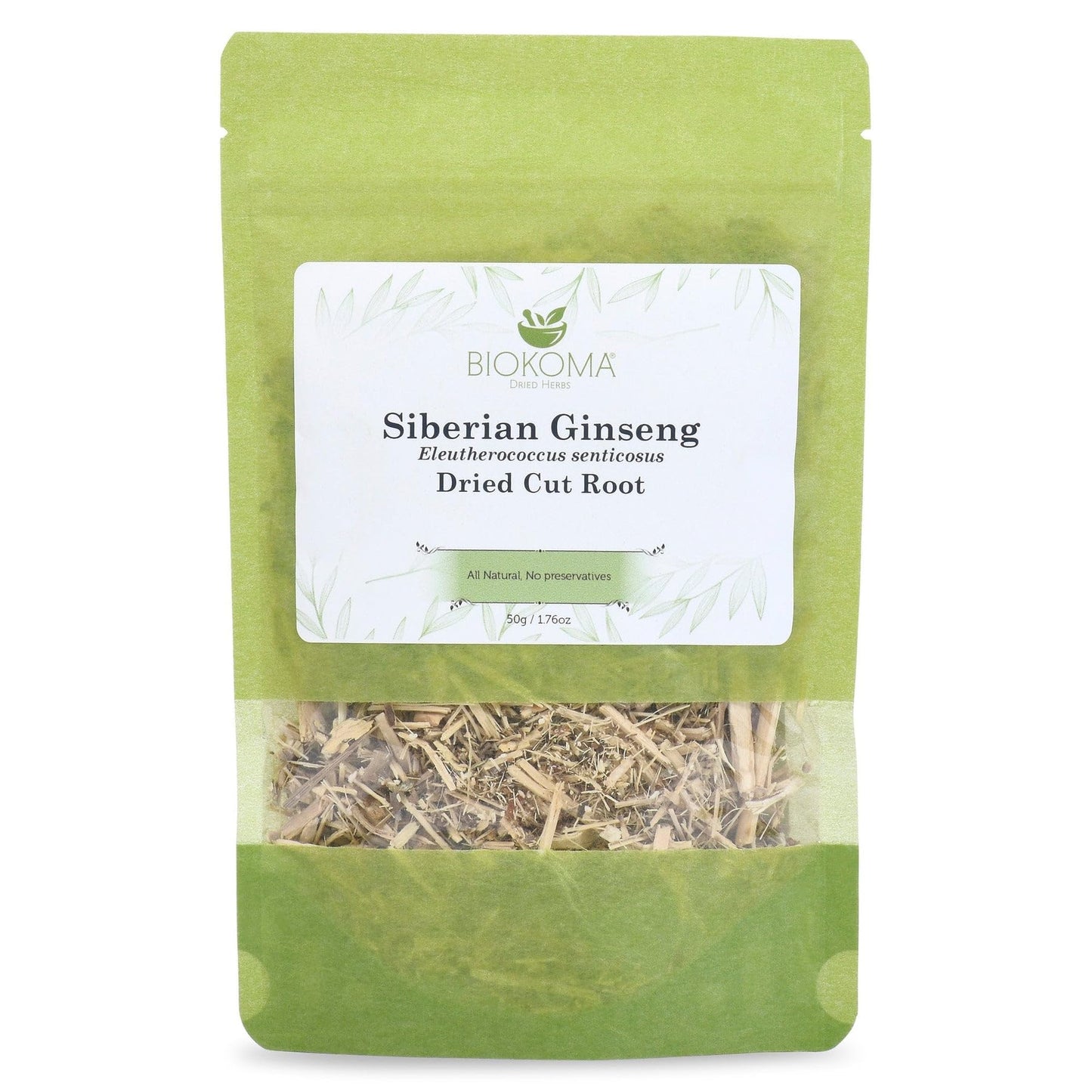 Biokoma Siberian Ginseng Root 50g (1.76 oz) Eleuthero senticosus - Dried Cut Energy Boost Wellness Support Herbal Tea Caffeine-Free Resealable