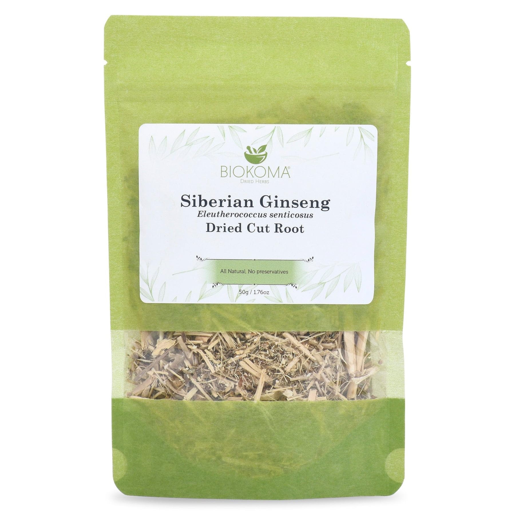 Biokoma Siberian Ginseng Root 50g (1.76 oz) Eleuthero senticosus - Dried Cut Energy Boost Wellness Support Herbal Tea Caffeine-Free Resealable