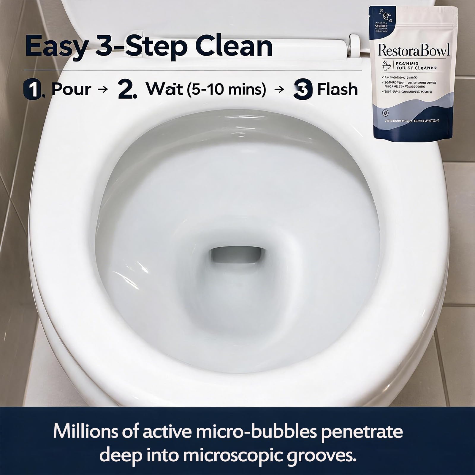 Restorabowl Toilet Bowl Cleaner, Foaming Powder for Deep Cleaning & Stain Remover, No Scrubbing, Splash-Free, Easy Bathroom Use, Fast-Acting, Powerful