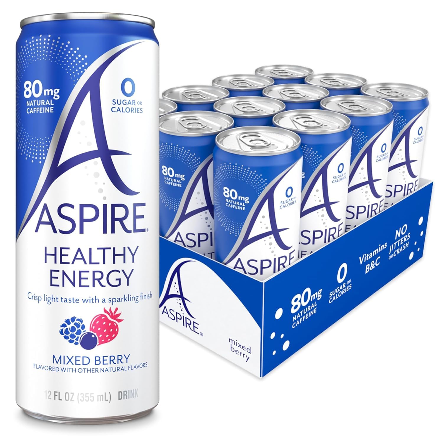 ASPIRE® Mixed Berry, Healthy Energy Drink 80mg Natural Caffeine, Zero Sugar No Carbs Keto Friendly, 12 Pack Green Tea Sugar Free Drink Low Caffeine