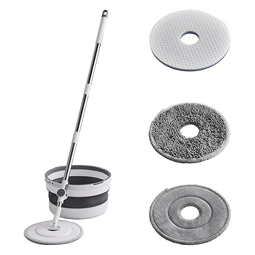 Spin Mop and Bucket Set ?2 Replaceable Microfiber Mop Pads?1 Magic Sponge Eraser pad for Deep-Cleaning Mops for Floors (Mop Set, 10" Mop-Head)