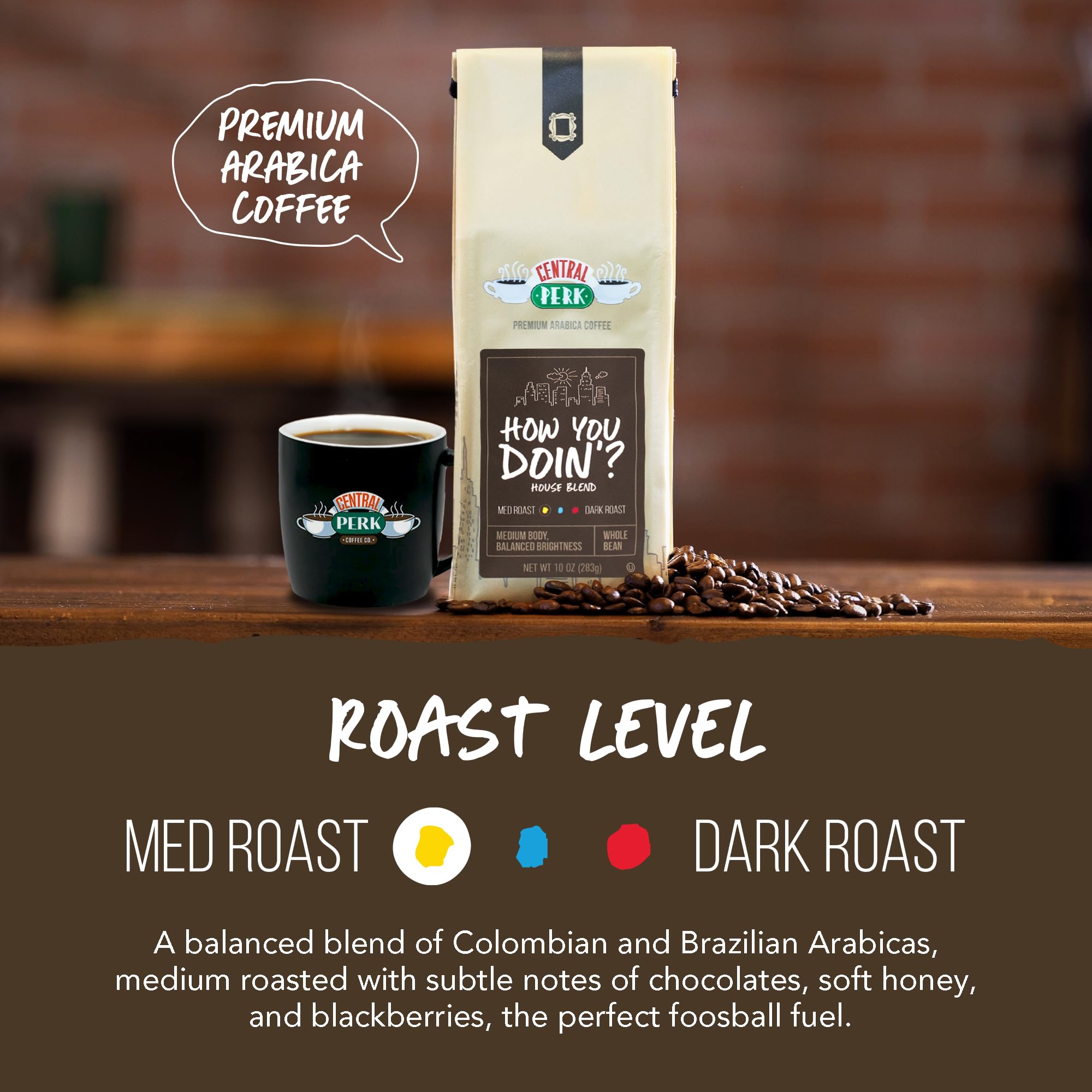 Central Perk Medium Roast Whole Bean Coffee "How You Doin" Blend - 100% Arabica Colombian & Brazilian Coffee Beans with Subtle Chocolate & Honey