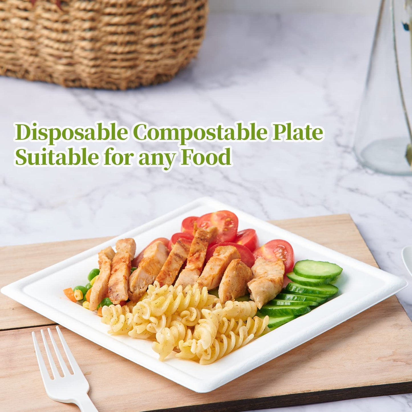 ECOLipak 120 Pack Compostable Paper Plates, 10 inch and 8 inch Heavy Duty Eco friendly Sugarcane Biodegradable Disposable Square Plates for Party