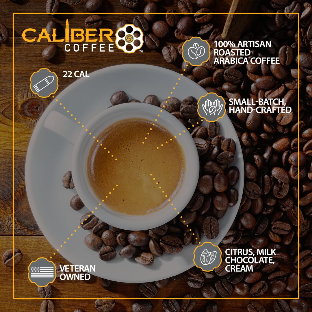 Caliber Coffee .22 Cal Ground Light Roast - Balanced, Fruity, Caramel Flavors - 100% Artisan Roasted Arabica Coffee - Small-Batch, Hand-Crafted