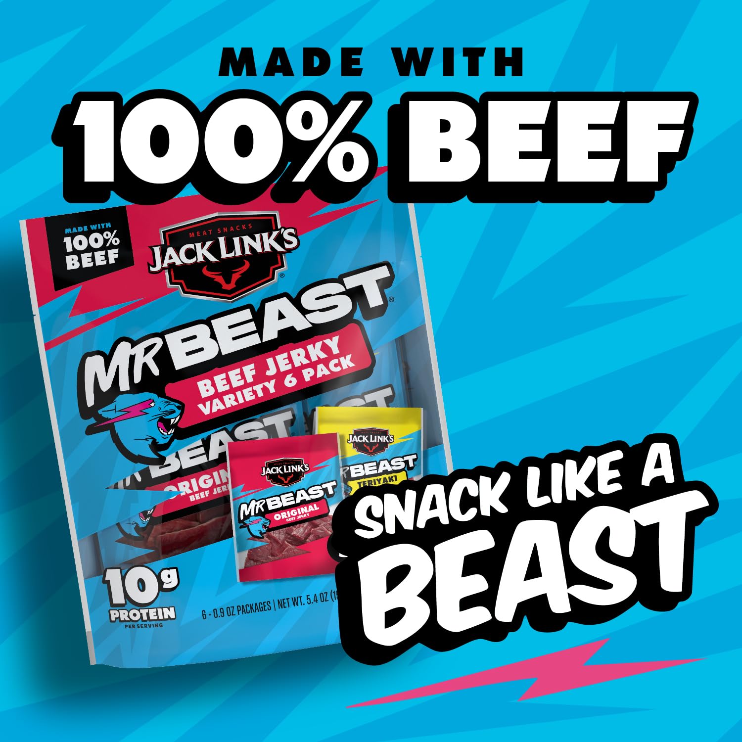 Jack Link's x MrBeast Beef Jerky, Original & Teriyaki Beef Jerky Variety Pack - (6 Pack) 0.9oz Bags - Up to 10g of Protein - Made with 100% Real Beef