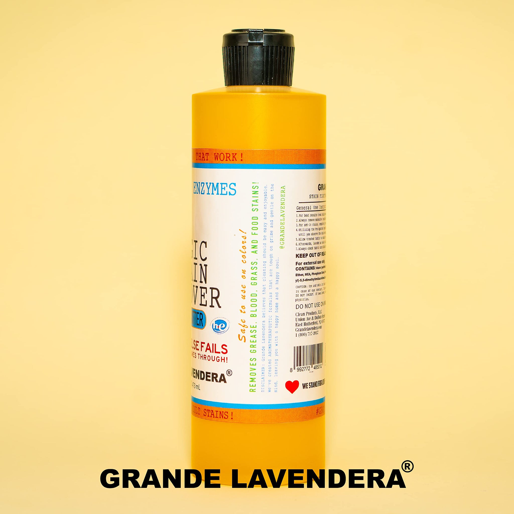 Grande Lavendera® Magic Stain Removal Liquid for Clothes, Orange Scented, Enzyme-Based Remover for Grease, Paint, Fabric and Shirts - 16 Fl oz