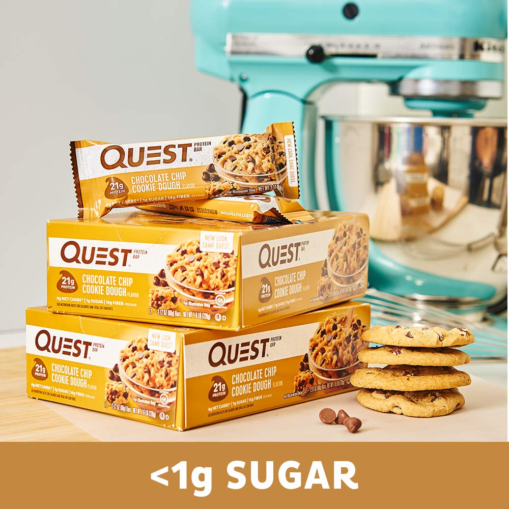 Quest Nutrition Protein Bar, Chocolate Chip Cookie Dough, 21g Protein, 4g Net Carbs, 190 Cals, Low Carb, Gluten Free, Soy Free, 2.12oz Bar, 1 Count