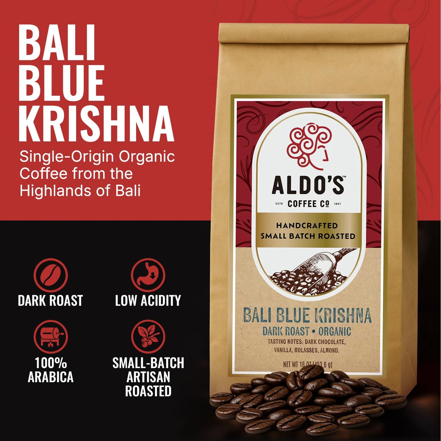 Aldo's Coffee Company Bali Blue Whole Bean Coffee - Organic, Single Origin, Low Acidity - 16 oz