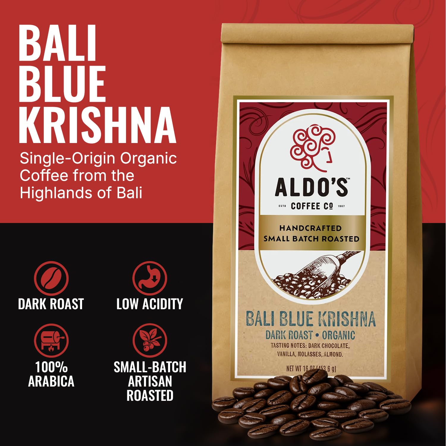 Aldo's Coffee Company Bali Blue Whole Bean Coffee - Organic, Single Origin, Low Acidity - 16 oz