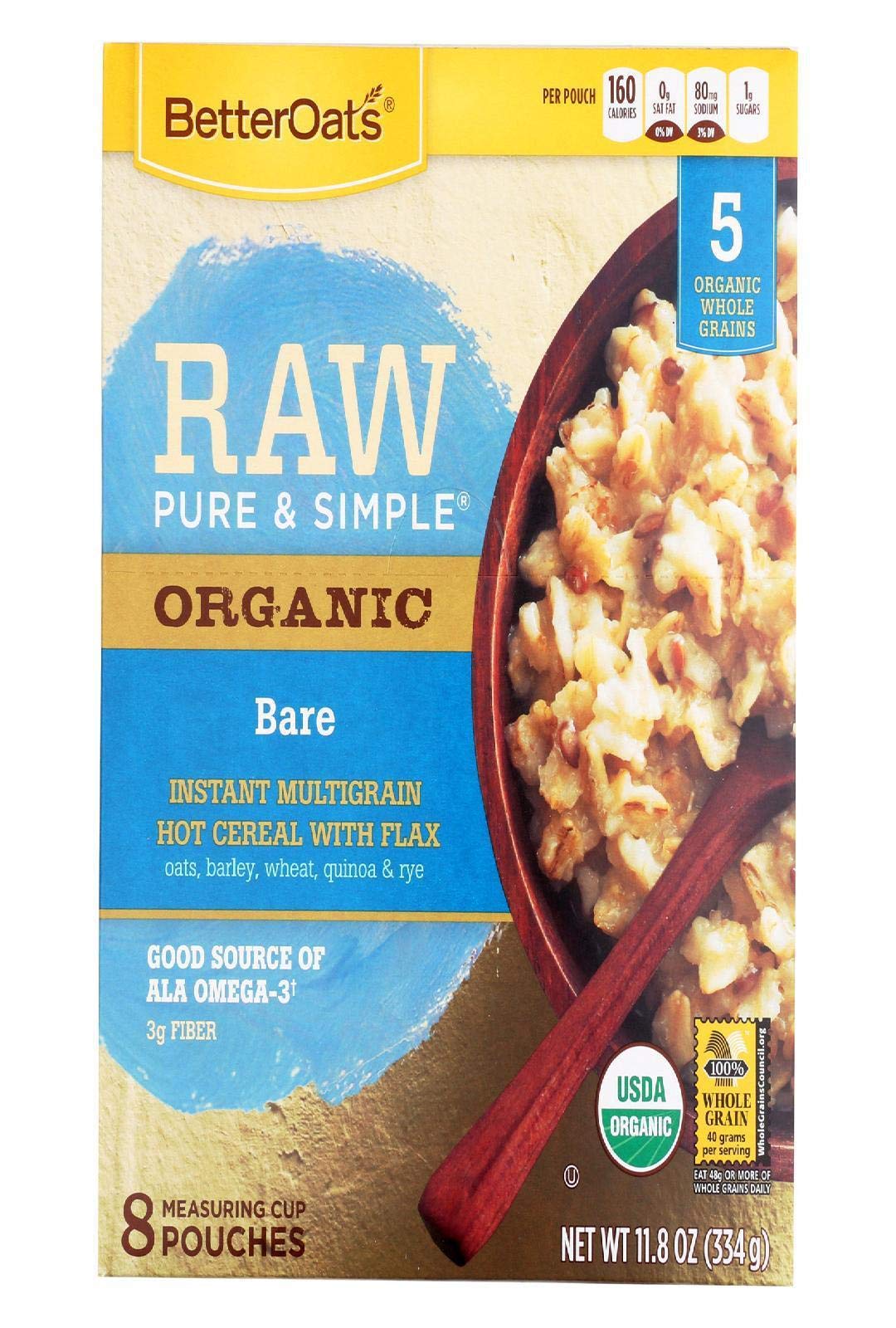 Better Oats, Raw Pure and Simple Organic, Bare, Instant Multigrain Hot Cereal with Flax, 11.8 oz