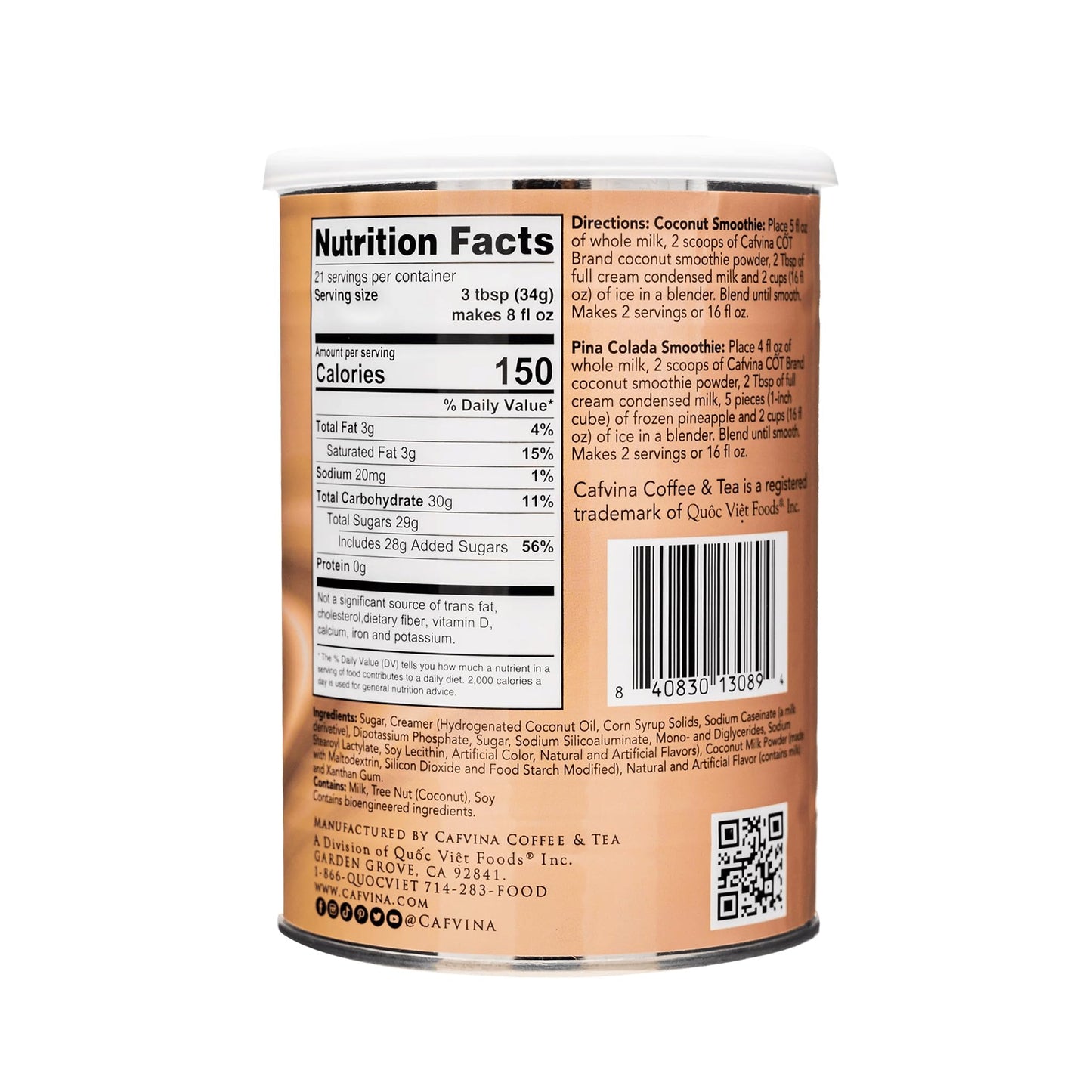 Cafvina Coconut Smoothie Powder - 1 lb 10 oz | Creamy & Tropical Coconut Blend for Smoothies, Milk Teas & Desserts | Made in the USA
