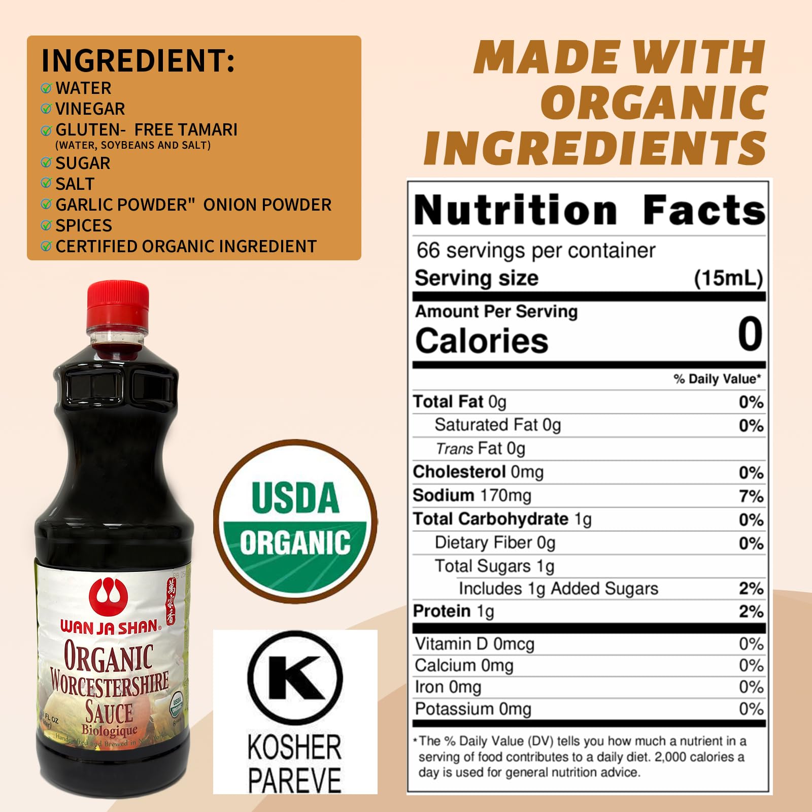 Wan Ja Shan Organic Worcestershire Sauce 33.8oz. USDA Organic, Umami-Rich Flavor | Marinade, Glaze, Dressing & Dipping Sauce | Gluten Free Non GMO