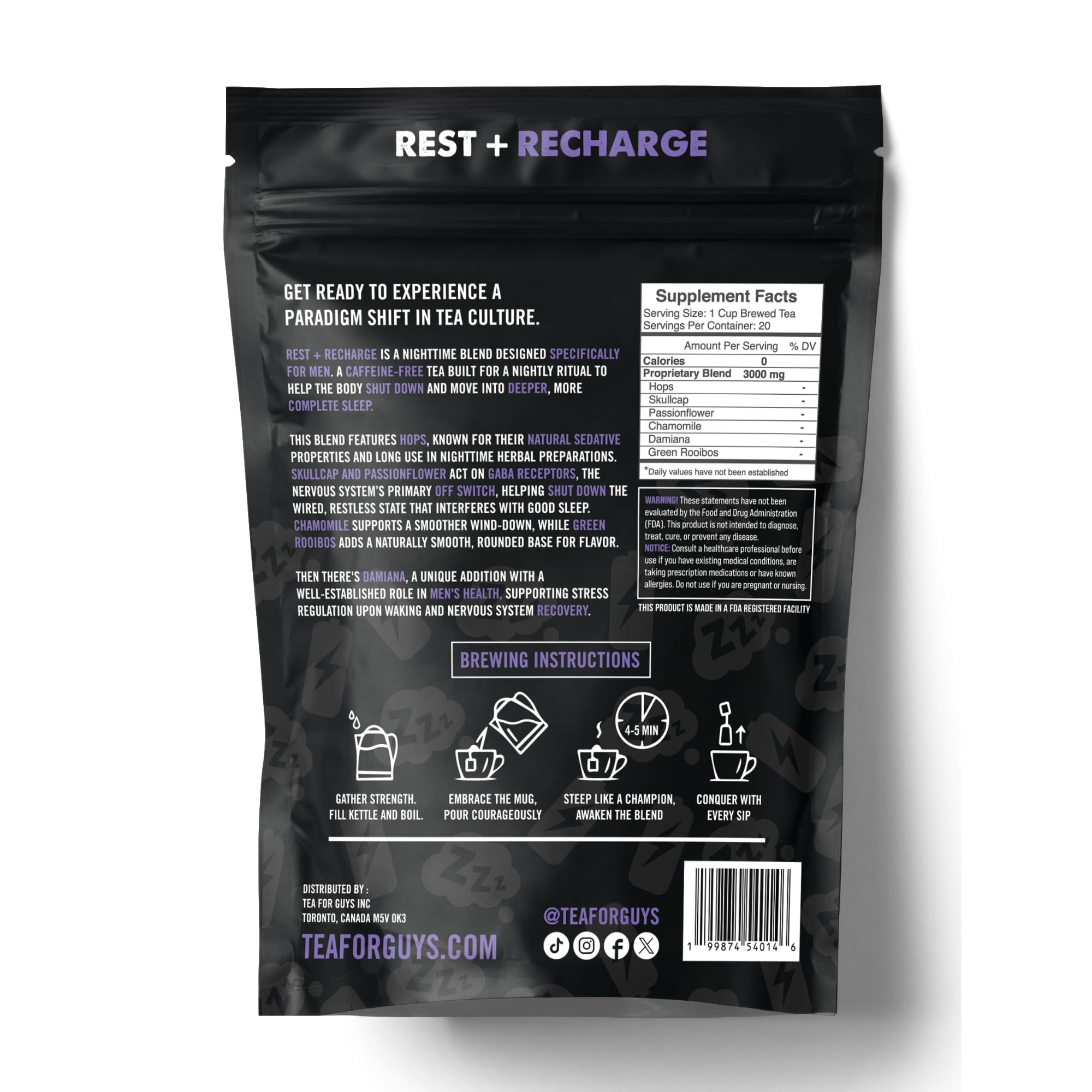Tea For Guys: Nighttime Blend- Strong Herbal Night Blend for Calm, Reset, and Deep Rest | - 20 Biodegradable Tea Bags