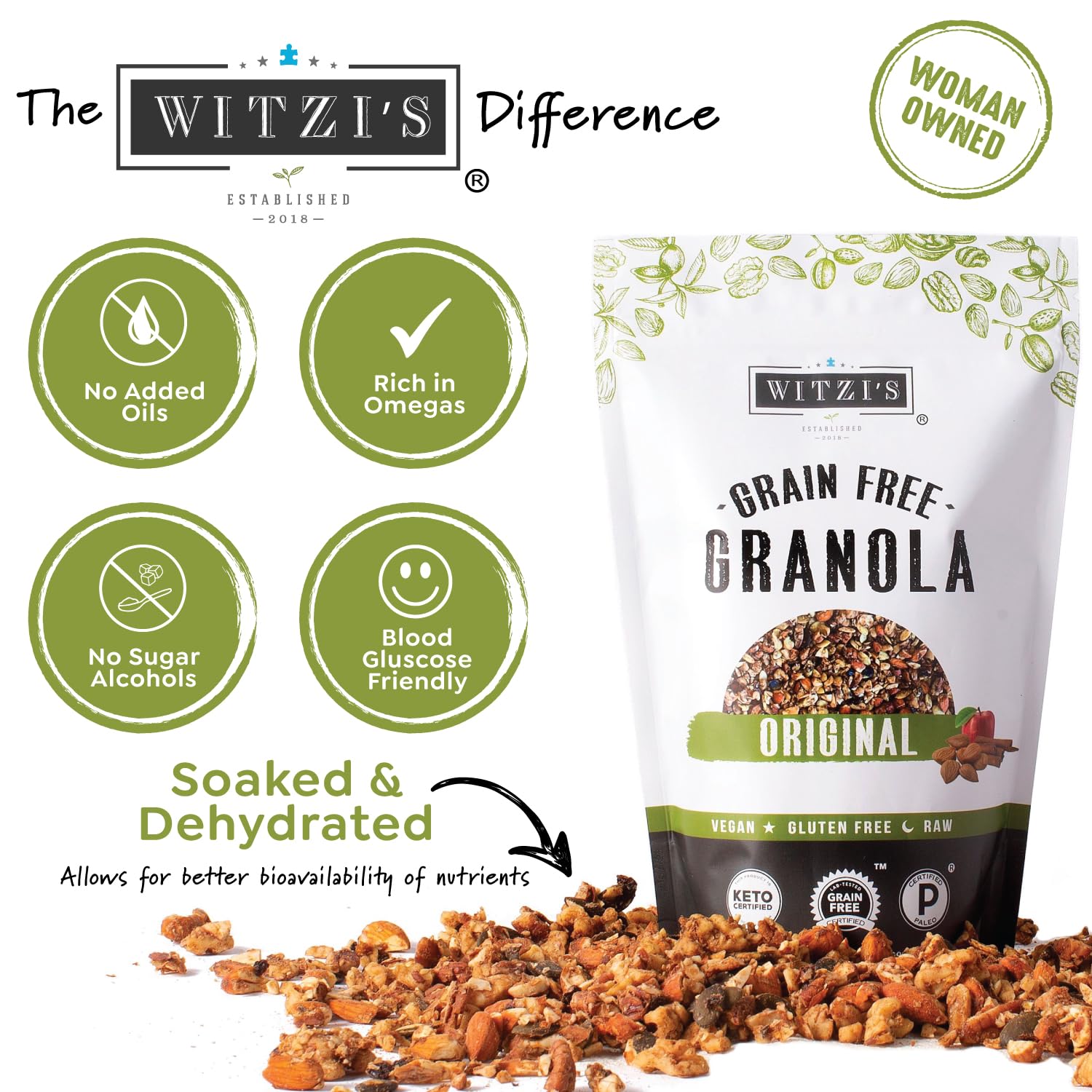 Witzi's Grain Free Granola, Original, 5oz (Pack of 3), Made with Almonds, Apples & Cinnamon, Vegan, Keto, Gluten Free, Healthy Snack