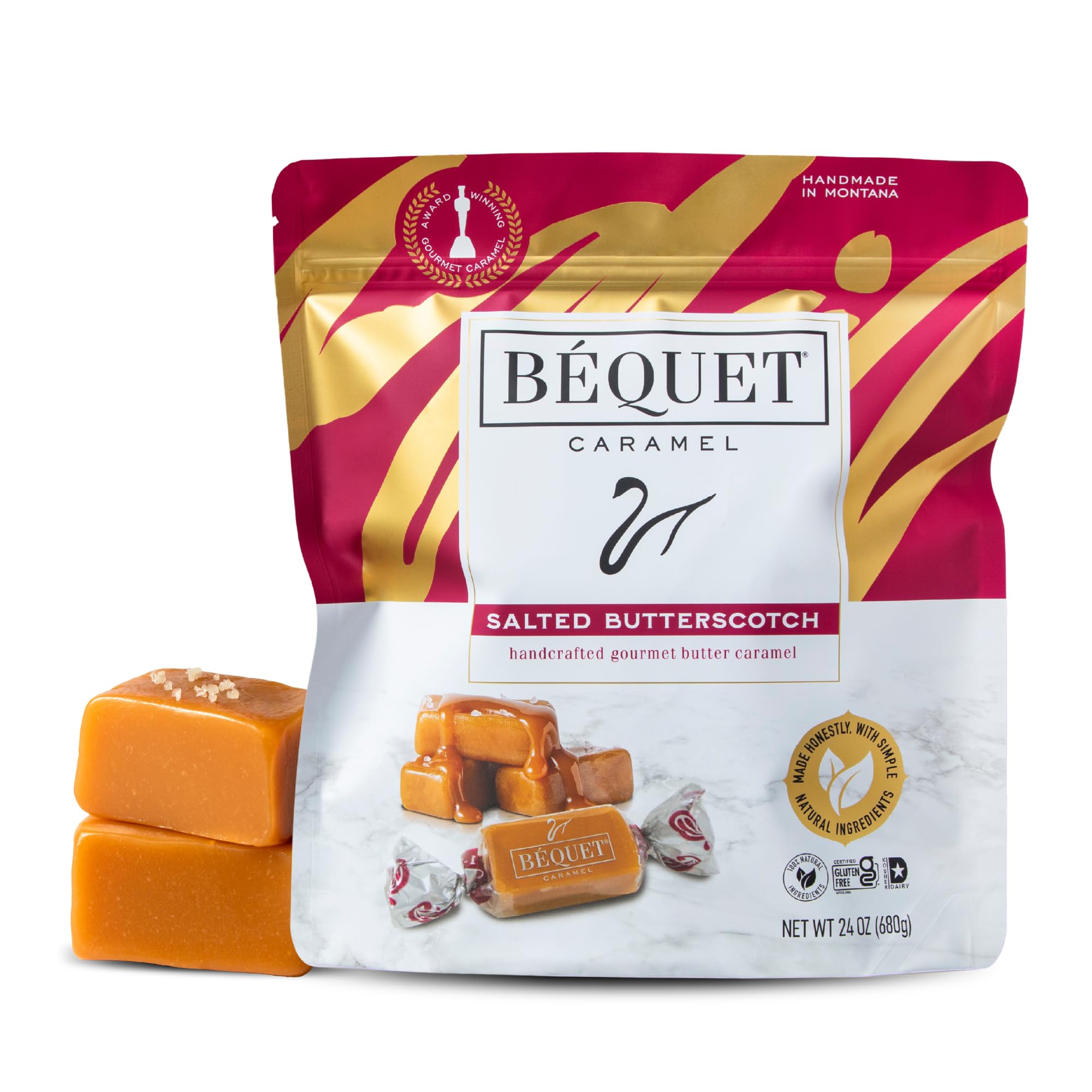 Béquet Salted Butterscotch Caramels - Soft, Individually Wrapped Gourmet Butterscotch Candy, Gluten?Free & Kosher - 24 oz Resealable Pouch