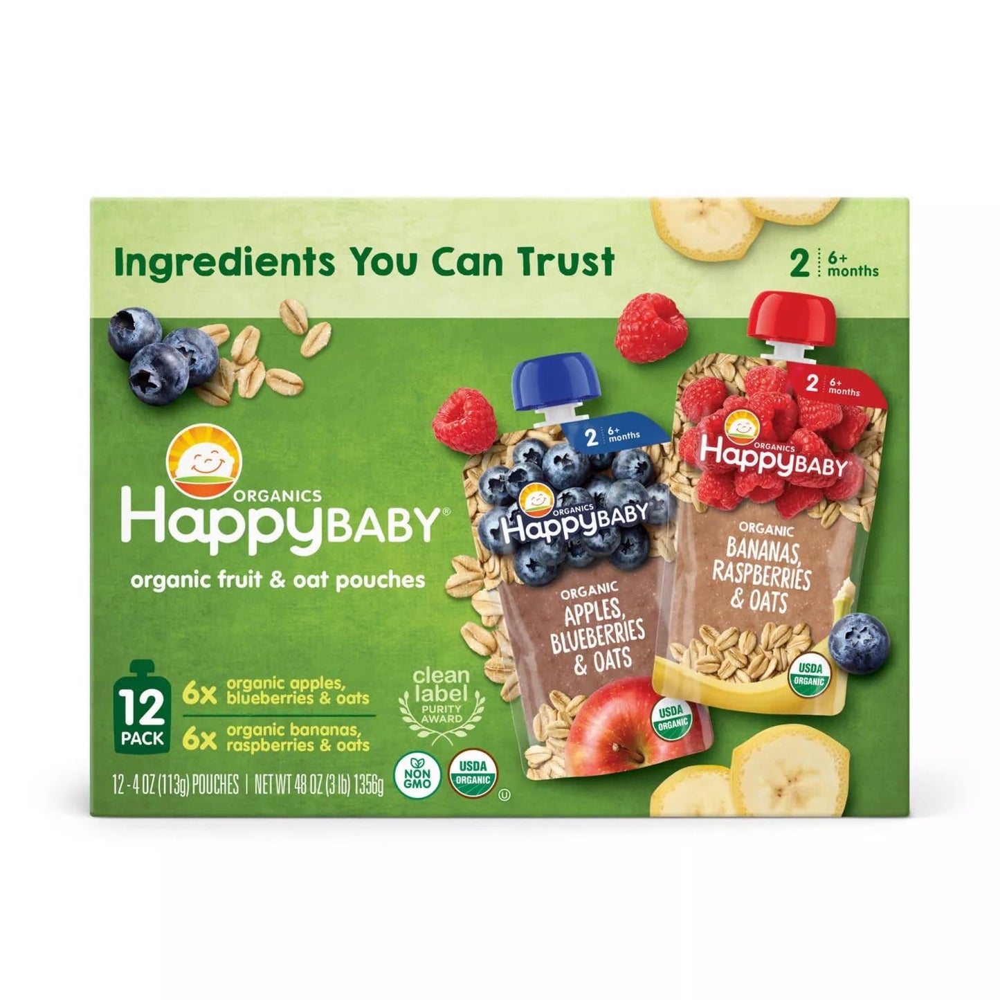 HappyBABY Organics Clearly Crafted Fruit & Oat Pouches Variety Pack, 4oz (12 Pk)