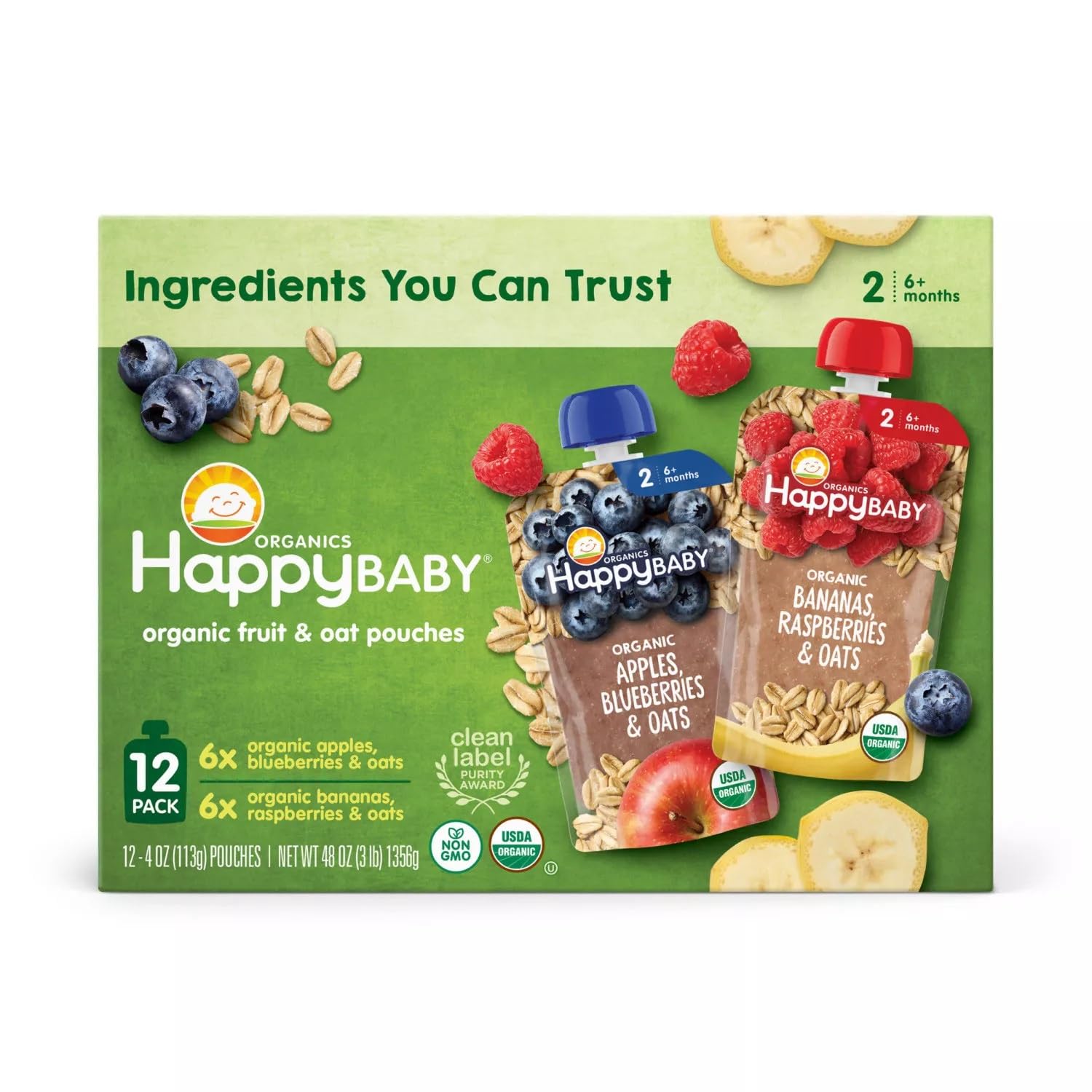 HappyBABY Organics Clearly Crafted Fruit & Oat Pouches Variety Pack, 4oz (12 Pk)