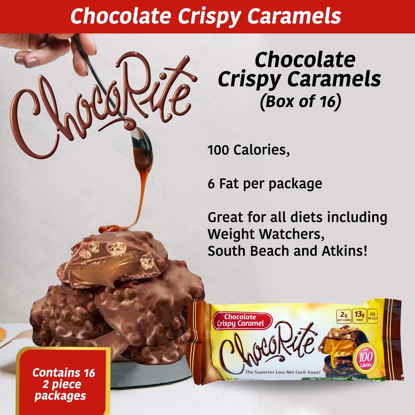 ChocoRite - Diet Crispy Caramels - 16/Box - High Fiber - Low Calorie - No Sugar Added