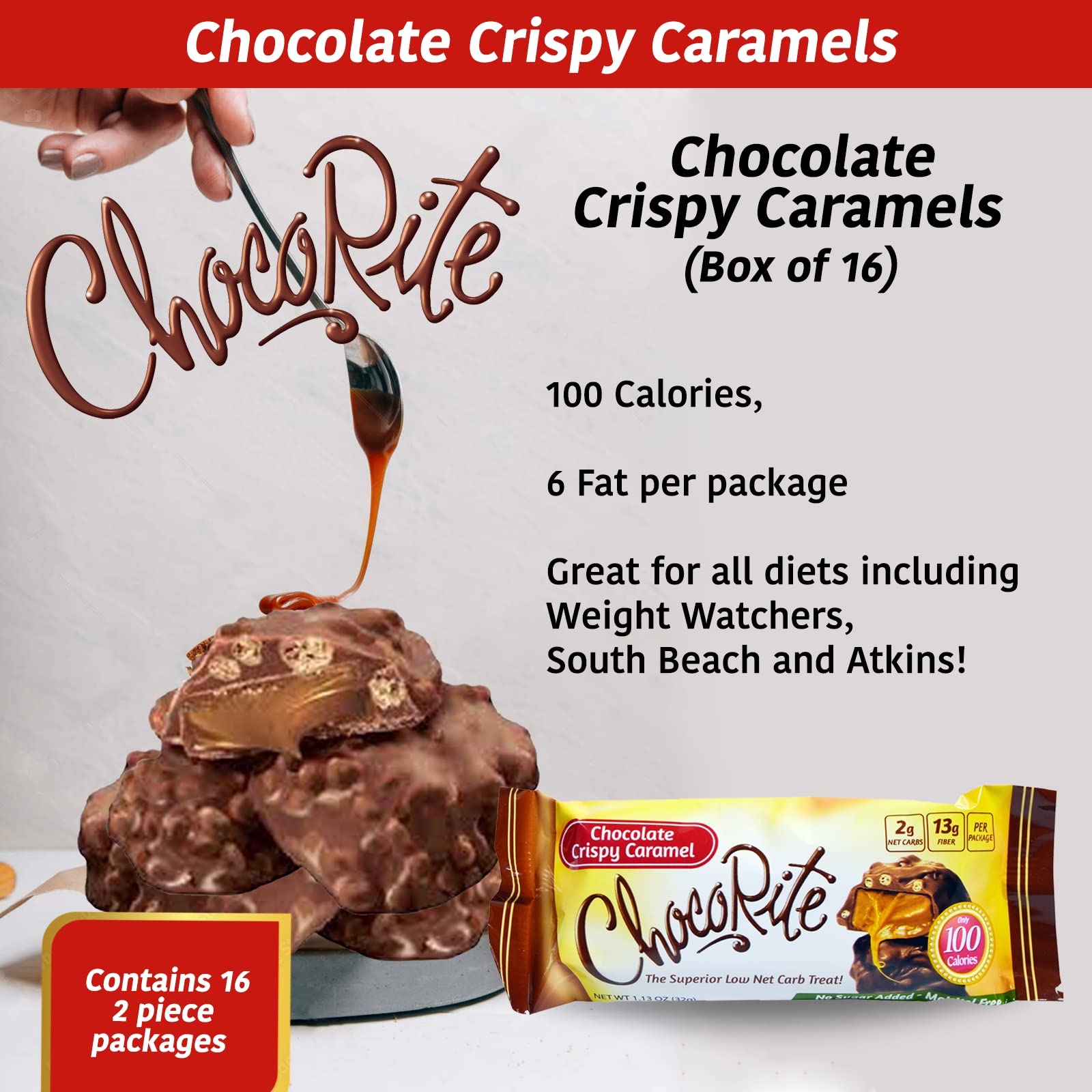 ChocoRite - Diet Crispy Caramels - 16/Box - High Fiber - Low Calorie - No Sugar Added