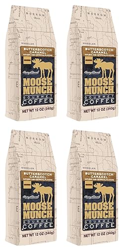 Moose Munch Butterscotch Caramel Ground Coffee - 4 Pack, 12 oz Bags - Sweet Buttery Caramel Flavored Medium Roast Coffee