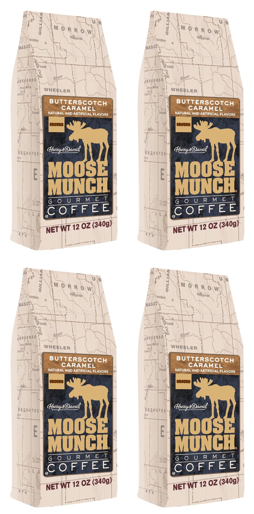 Moose Munch Butterscotch Caramel Ground Coffee - 4 Pack, 12 oz Bags - Sweet Buttery Caramel Flavored Medium Roast Coffee
