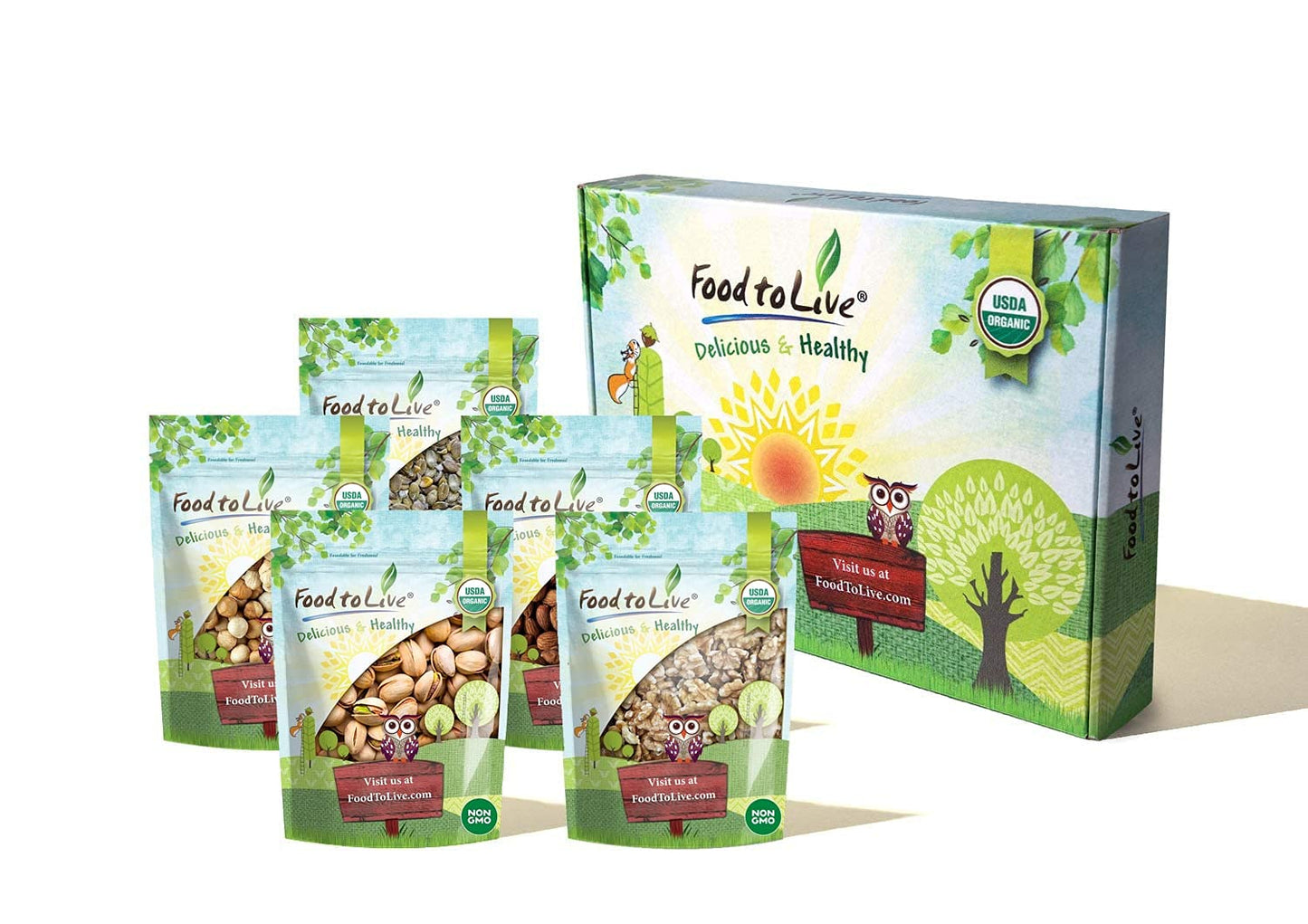 Organic Holiday Gift Set - Contains Pistachios, Walnuts, Almonds, Hazelnuts, and Pumpkin Pepitas. Unique Variety of Non-GMO, Raw, and Roasted Snacks