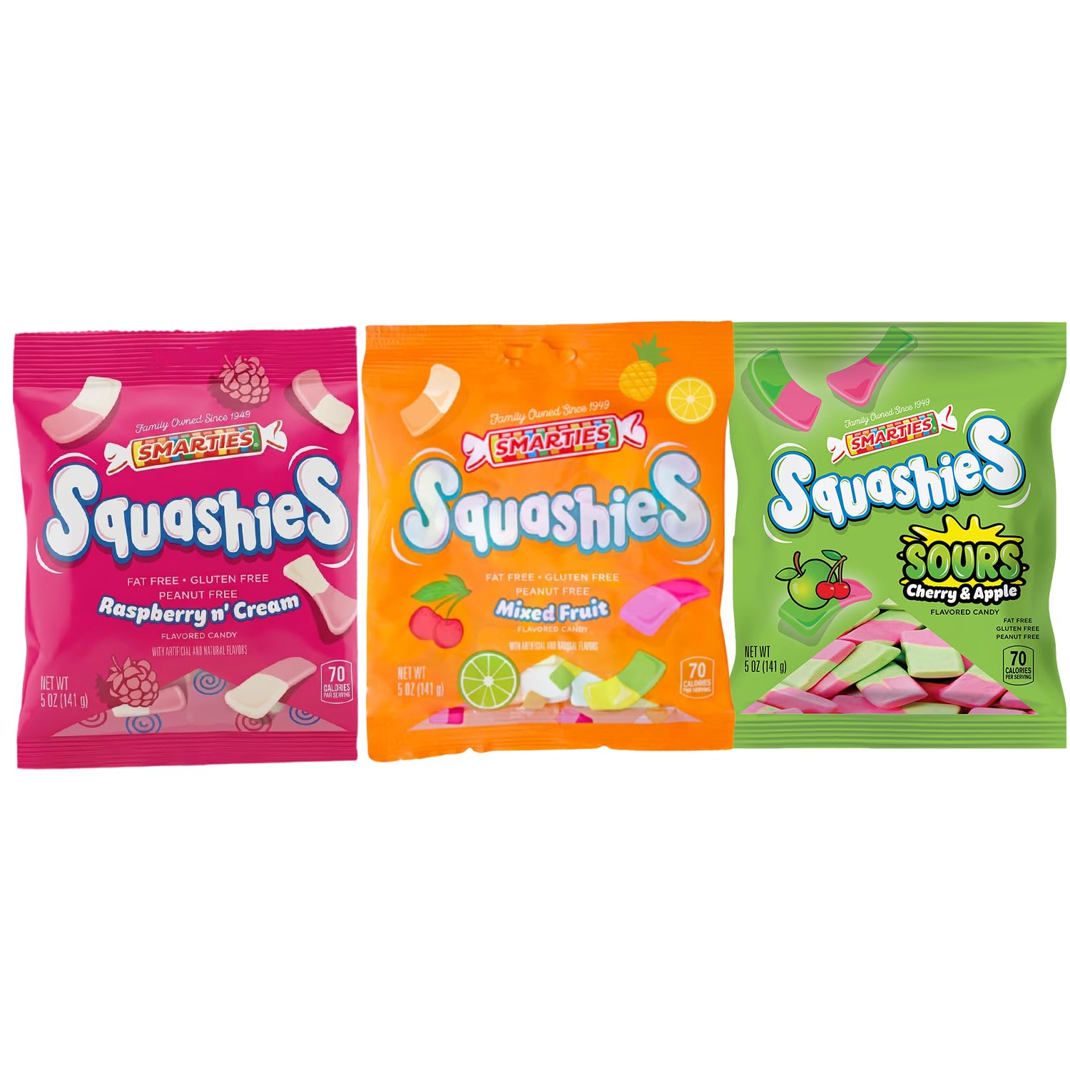 Smarties Squashies Foam Gummy Candies - Raspberry & Cream, Mixed Fruit, Sour Cherry & Apple - Peanut Free & Gluten Free Soft Chewy Candy for Parties