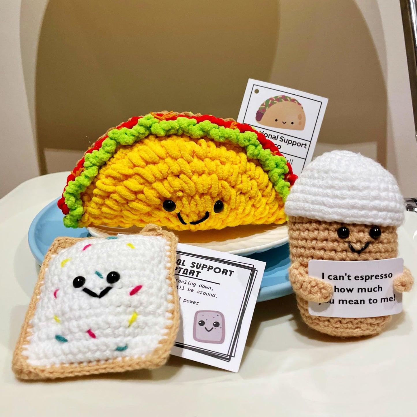 positive crochet Taco Easter Basket Essentials Stuffers, 3PCS Emotional Support Tart Coffee with Positive Card ,Desk Decoration Crochet Birthday Gifts