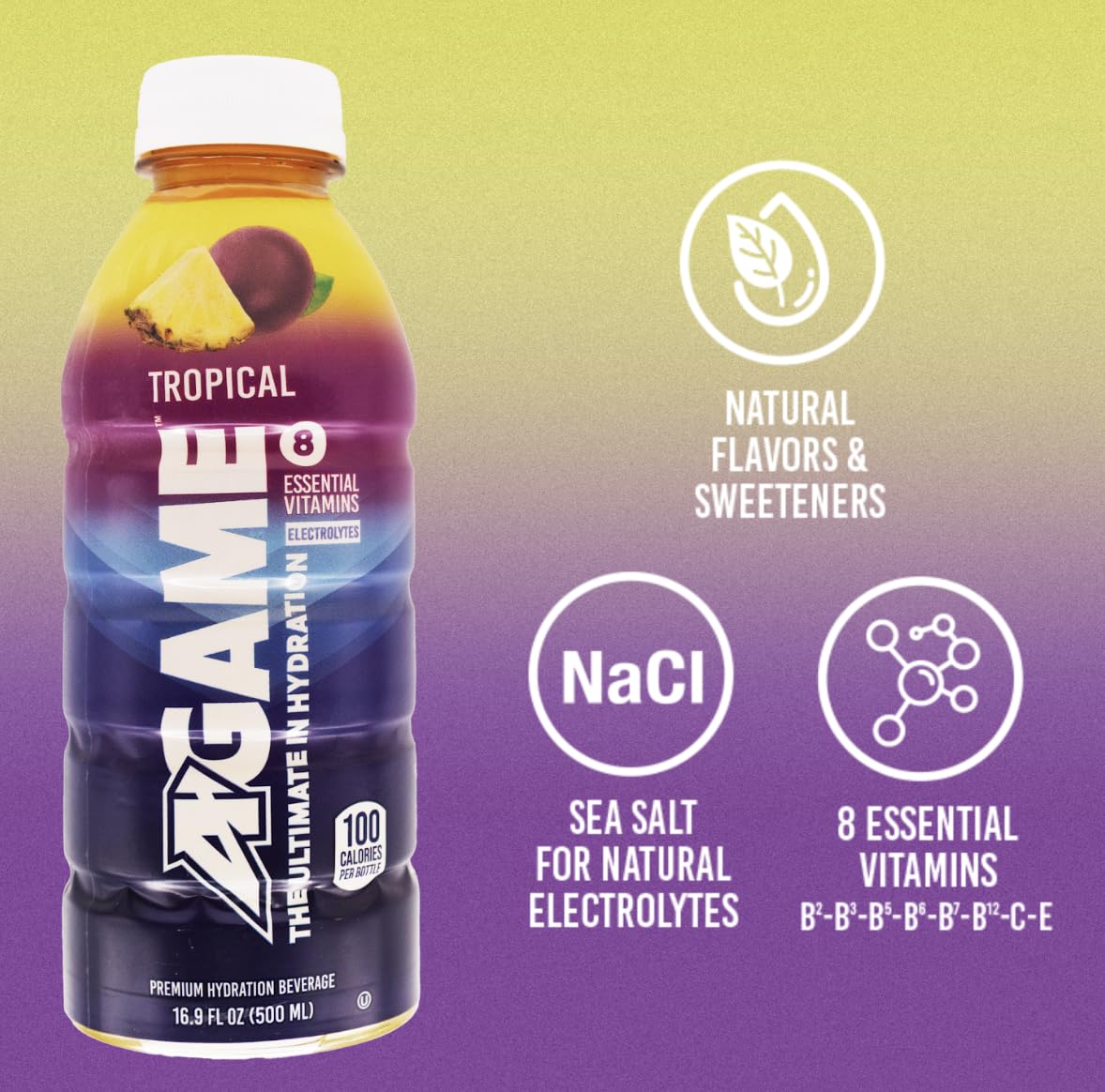 A-GAME Sports Drink, Tropical, The Ultimate Hydration Sports Beverage for Athletes, 8 Essential Vitamins including B, C, & E plus Natural Sea Salt