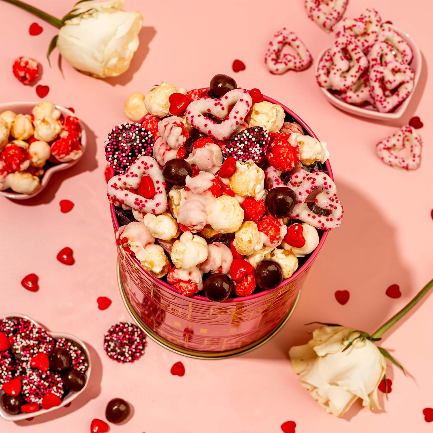 Gift Tin with Assorted Treats, Popcorn, Yogurt Heart Pretzels, Milk Chocolate Caramel Balls, Musical Present for Wife, Girlfriend, Romantic, Mom