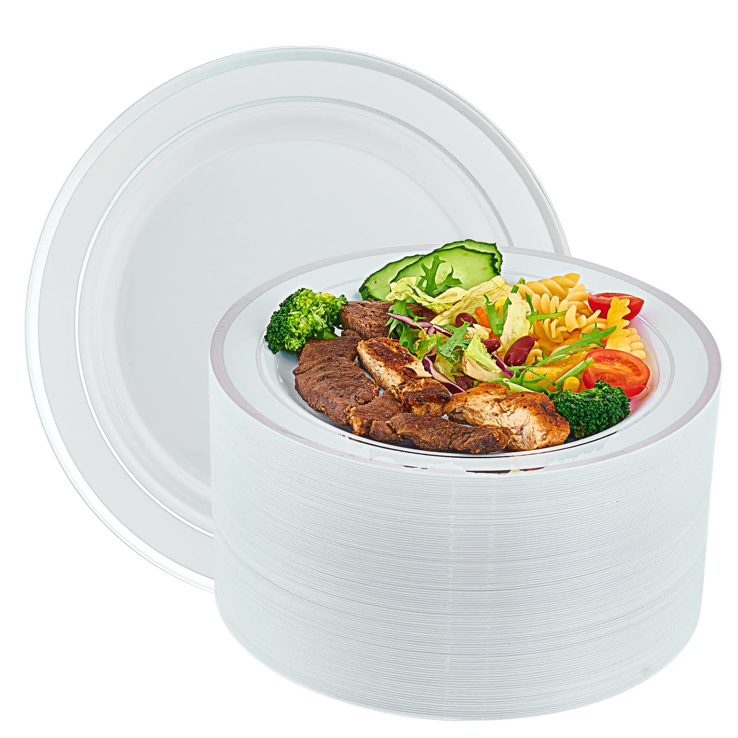 Vplus 100 Piece 10 Inch Silver Plastic Plates Disposable, Heavy Duty White Elegant Durable Dinner Plastic Party Plates with Silver Rim Perfect