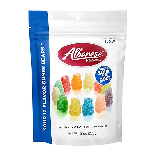 Albanese World's Best Sour 12 Flavor Gummi Bears | 8oz Bag of Candy | 12 Unique Super Sour Flavors, Gluten Free, Fat Free, Soft and Chewy Gummy Bears