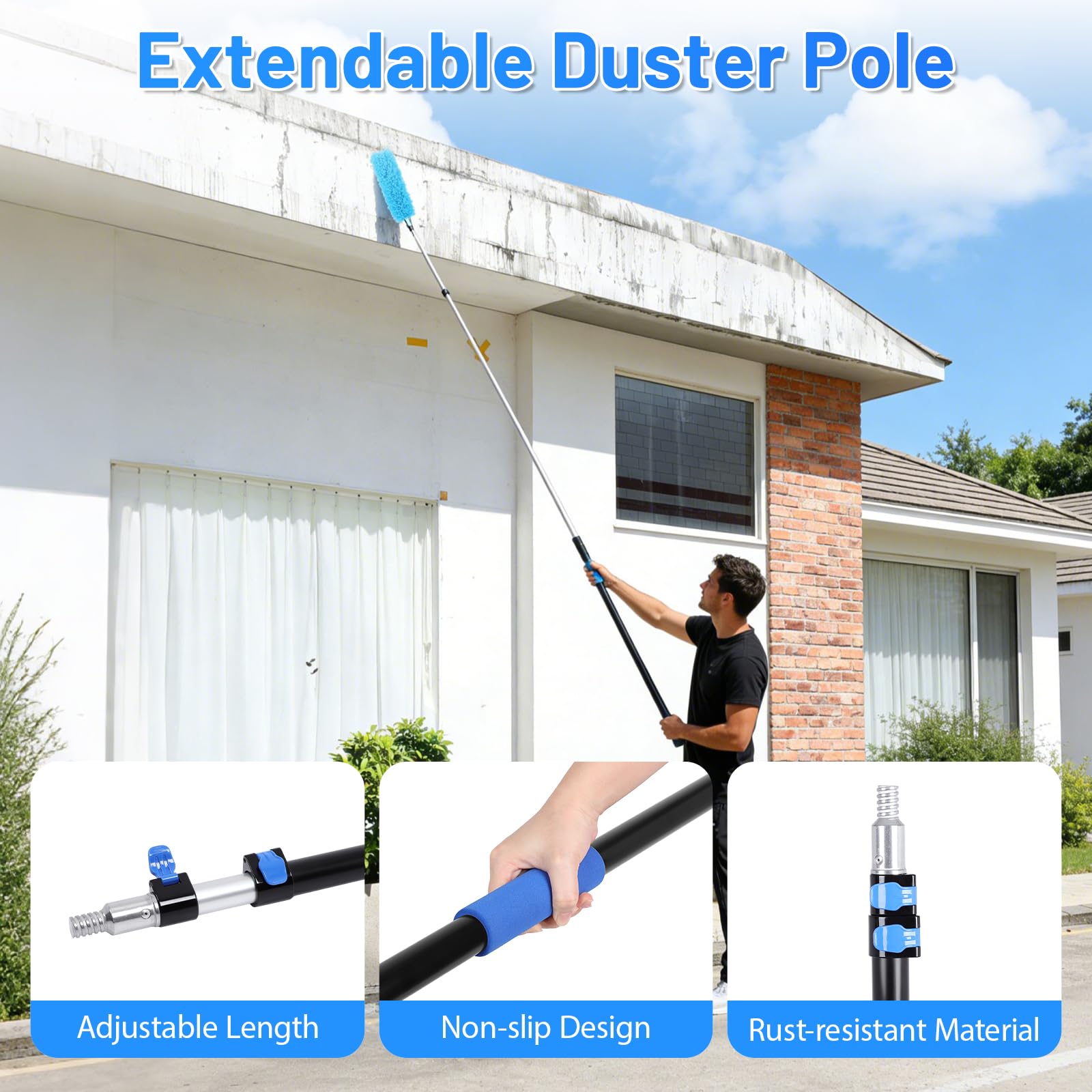 FAHKNS 20 Foot High Ceiling Fan Duster, Heavy Duty High Reach Duster Kit for Cleaning, Spider Web Brush, Washable Dust Brush for High Roof and Glass