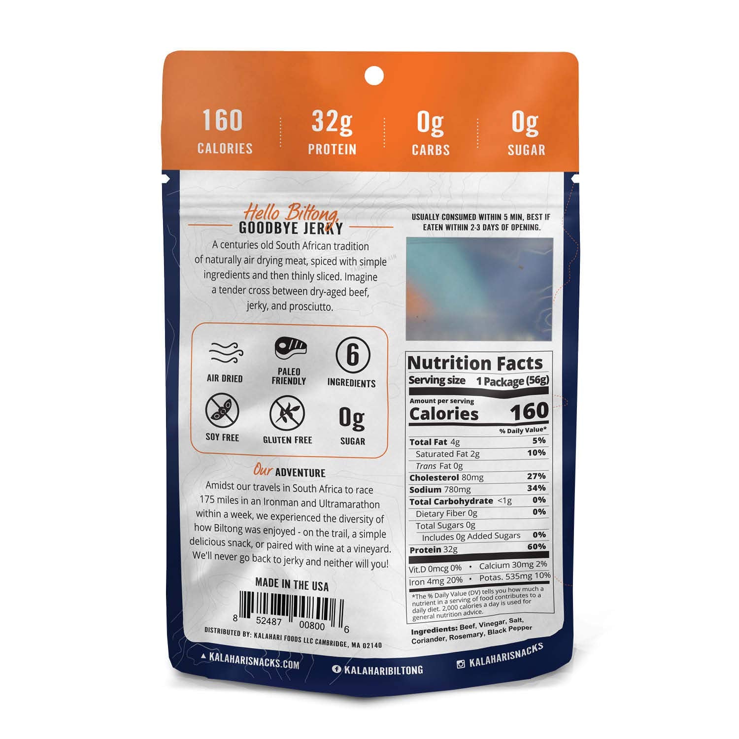 Original Kalahari Biltong, Air-Dried Thinly Sliced Beef, 2oz (Pack of 8), Sugar Free, Gluten Free, Keto & Paleo, High Protein Snack