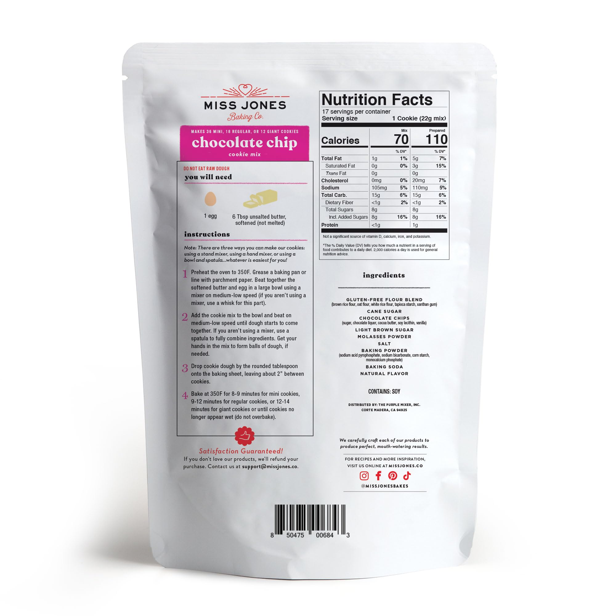 Miss Jones Baking Gluten-Free Chocolate Chip Cookie Mix - More Chocolate Chips, 50% Lower Sugar, Naturally Sweetened Desserts & Treats, 13 Ounce (Pack of 1)