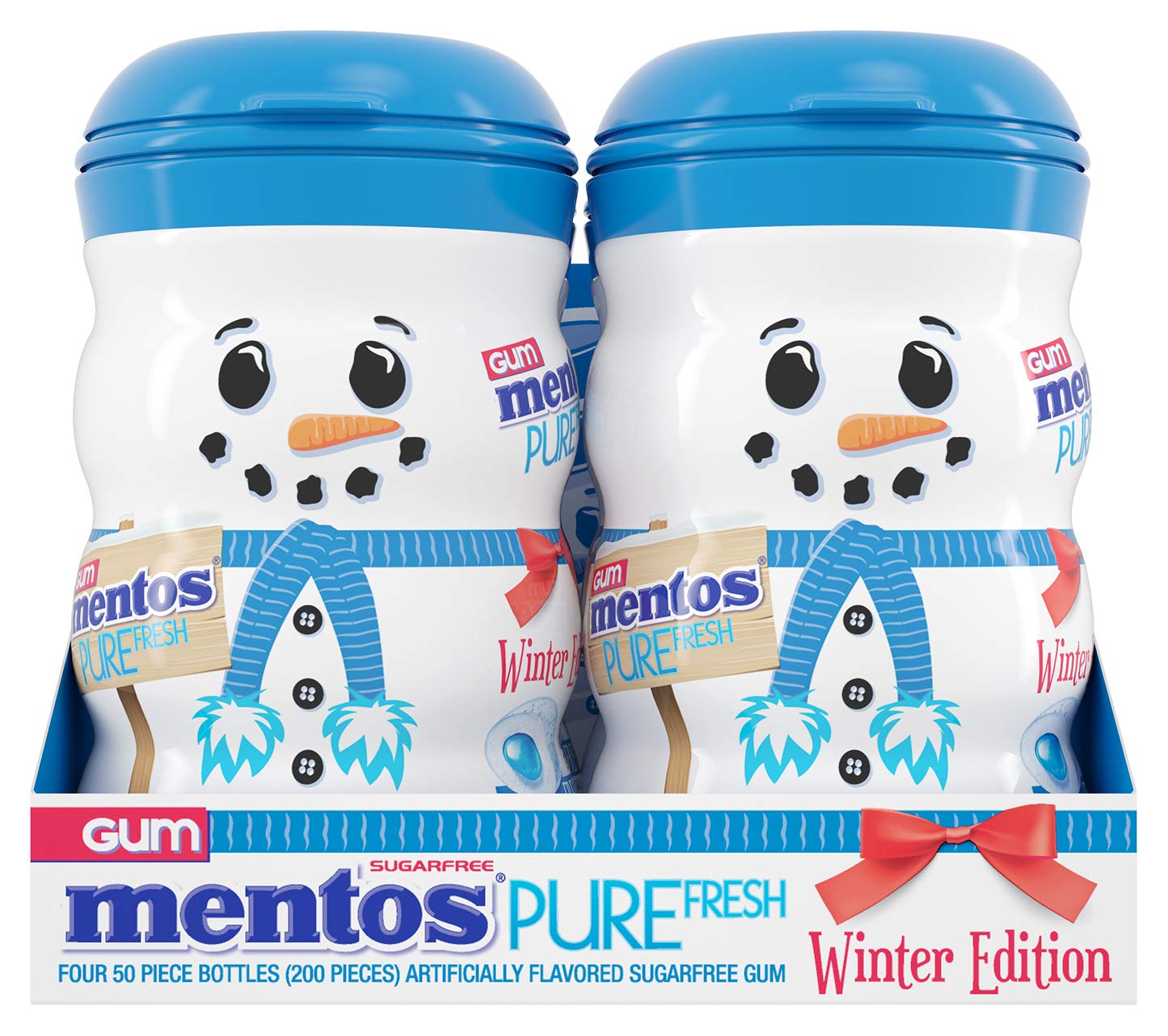 Mentos Sugar-Free Chewing Gum, Fresh Mint Flavor, Winter Edition Snowman Bottle, Holiday Stocking Stuffer, Secret Santa, 50 Count (Pack of 4)